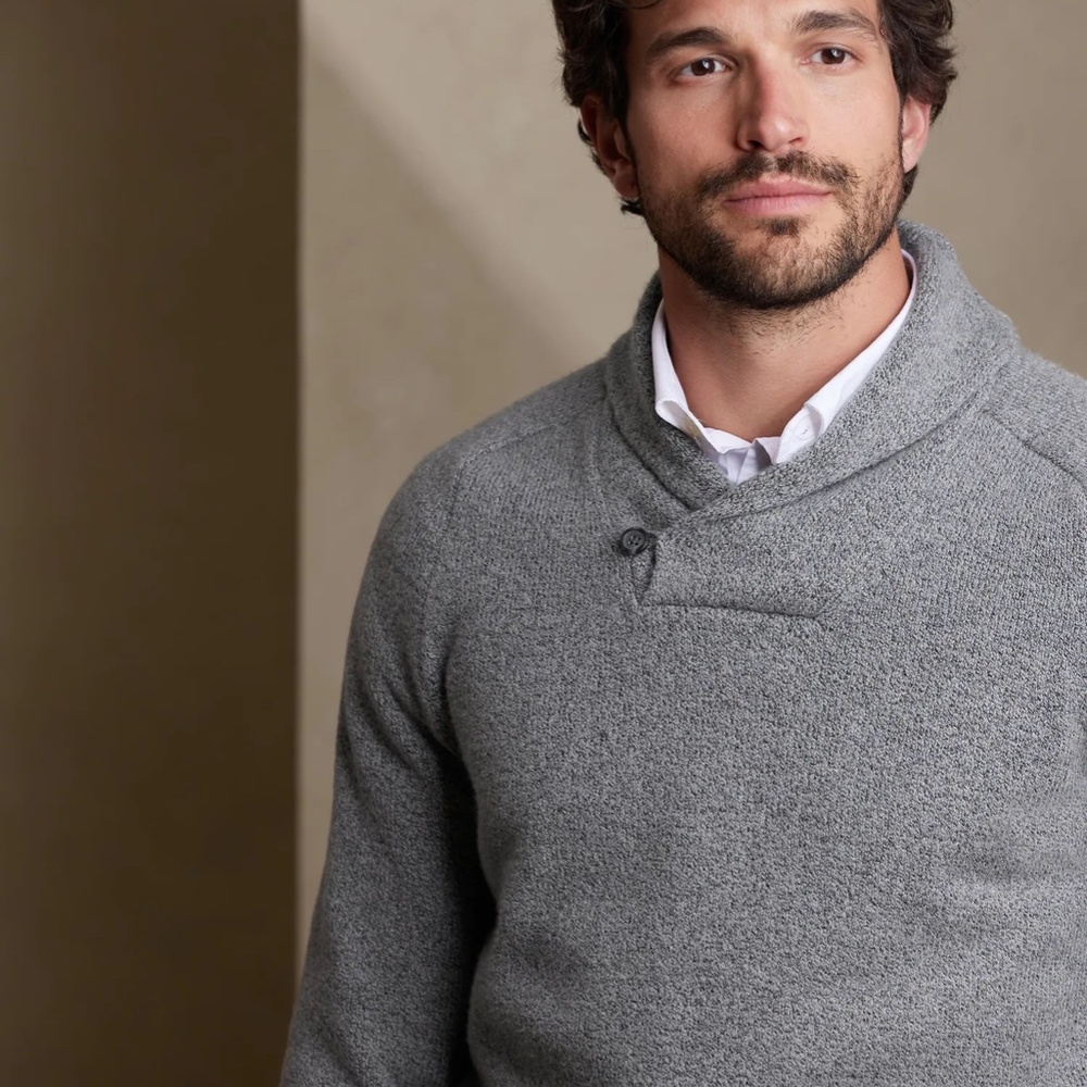 BANANA REPUBLIC WOOL MENS XL POPOVER SHAWL COLLAR CHUNKY SWEATER GRAY HEATHER